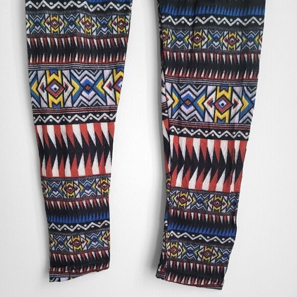 NWT Geometric Aztec Ethnic Boho Print Faux Leather Waist Multicolor Leggings - Picture 4 of 7